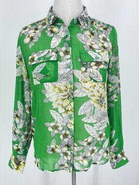 Covet Sheer Green Black Floral Botanical Button Blouse Top Small